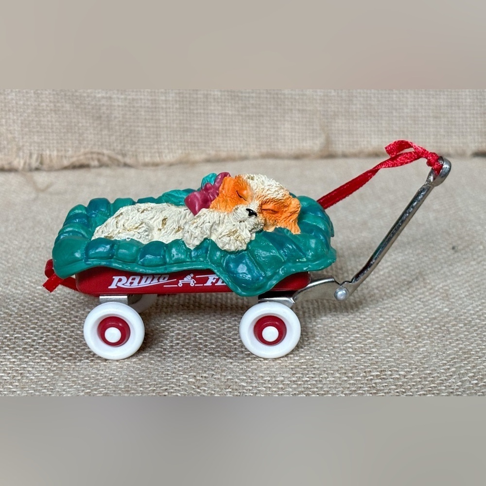 Vintage Radio Flyer Wagon Spaniel Puppy Dog Christmas Ornament Retro Holiday